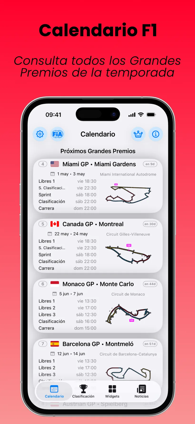 Pantalla de calendario F1 en SpeedTrack