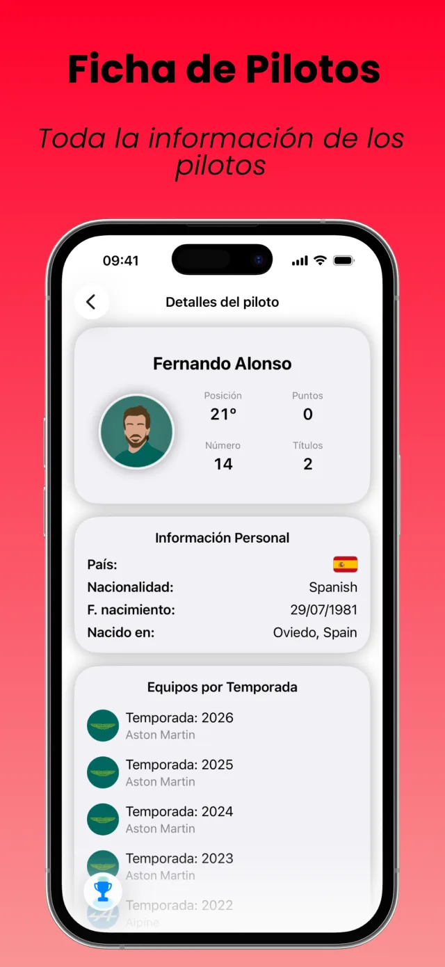 Pantalla de ficha de piloto en SpeedTrack con datos de Formula 1