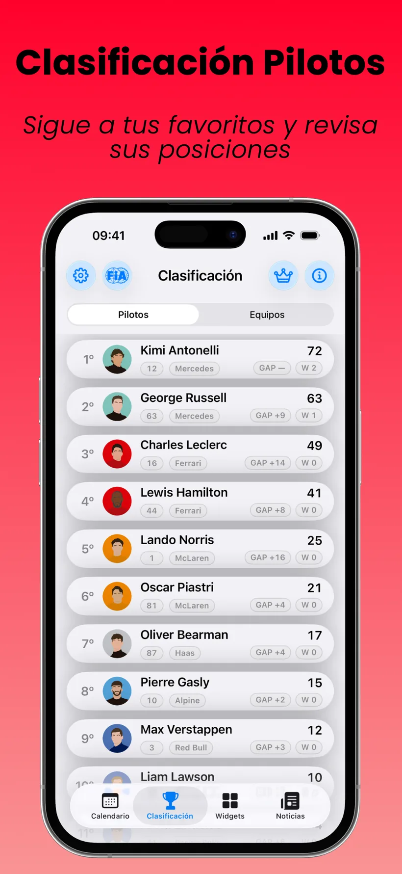 Pantalla de clasificación de pilotos en SpeedTrack