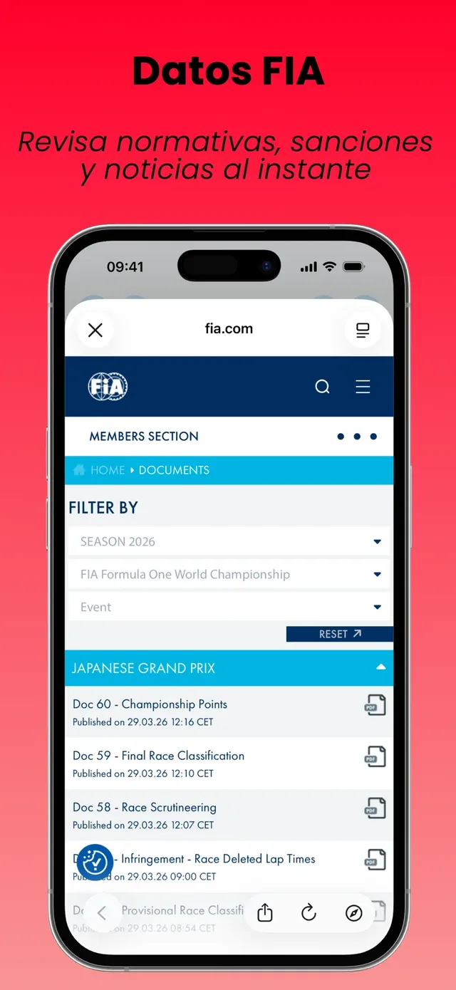 Pantalla de información FIA en SpeedTrack con documentos y referencias