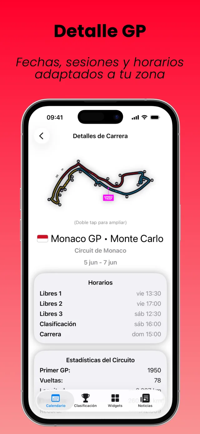 Pantalla de detalle de Gran Premio en SpeedTrack con circuito e información del fin de semana