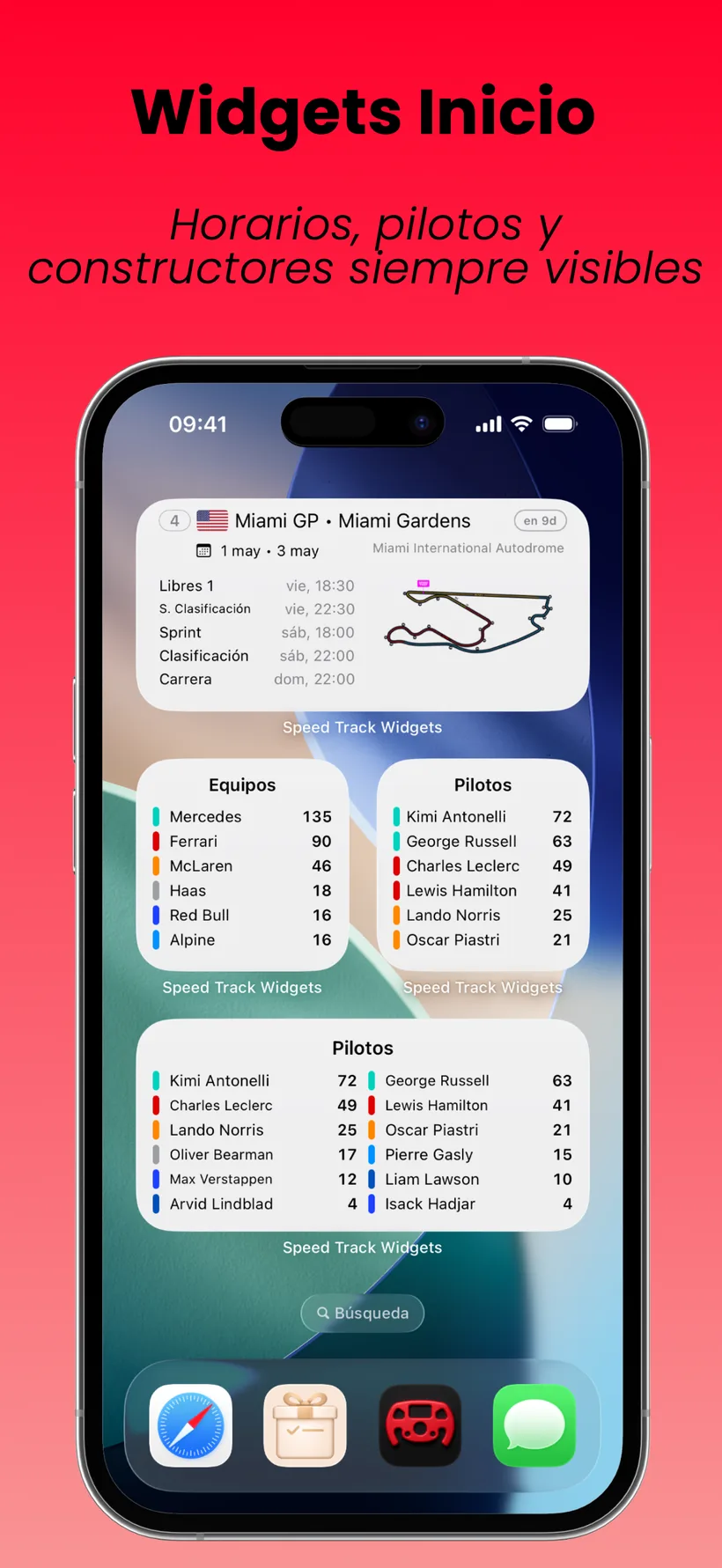 Vista previa de widgets de inicio de SpeedTrack