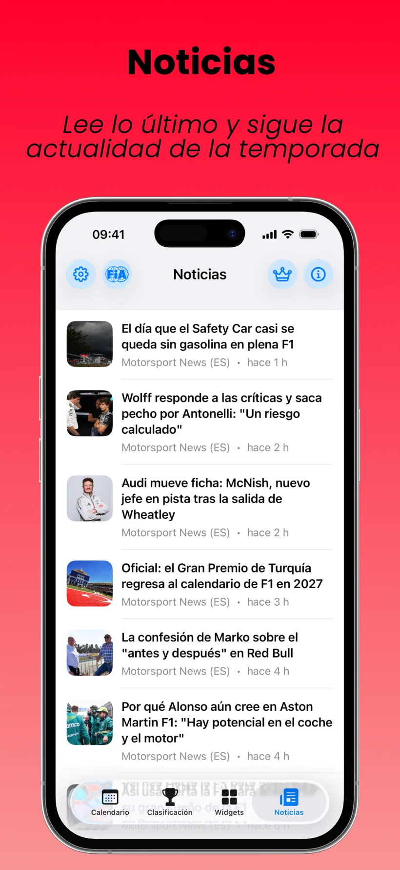 Pantalla de noticias de F1 en SpeedTrack