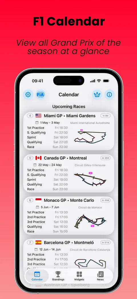 SpeedTrack F1 calendar screen