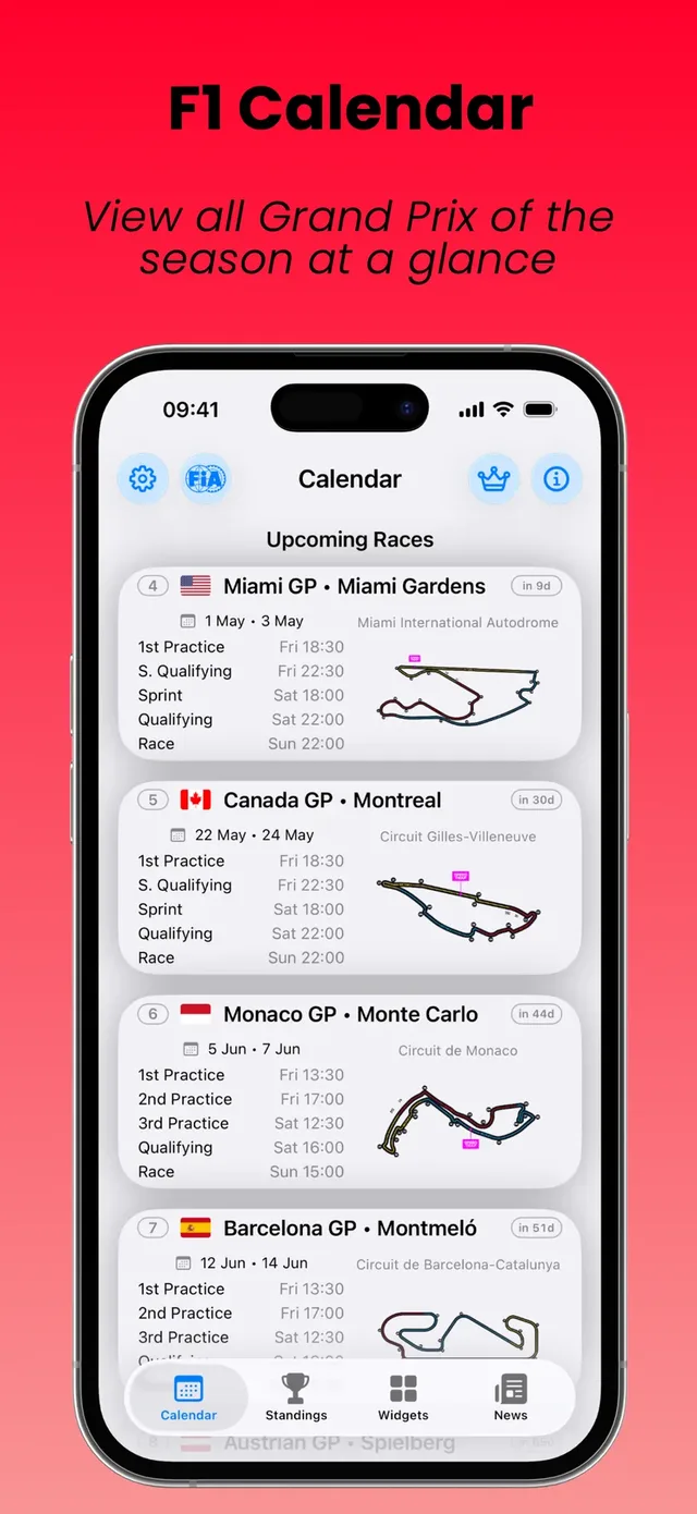 F1 race reminders before every Grand Prix.