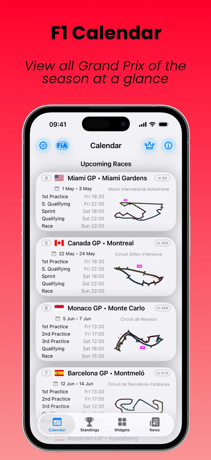SpeedTrack F1 calendar screen
