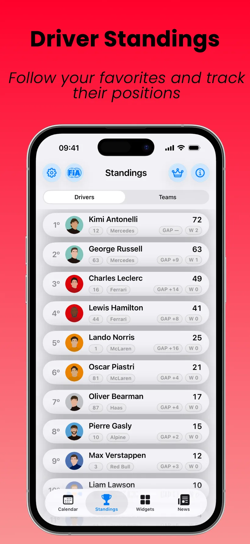 SpeedTrack driver standings screen
