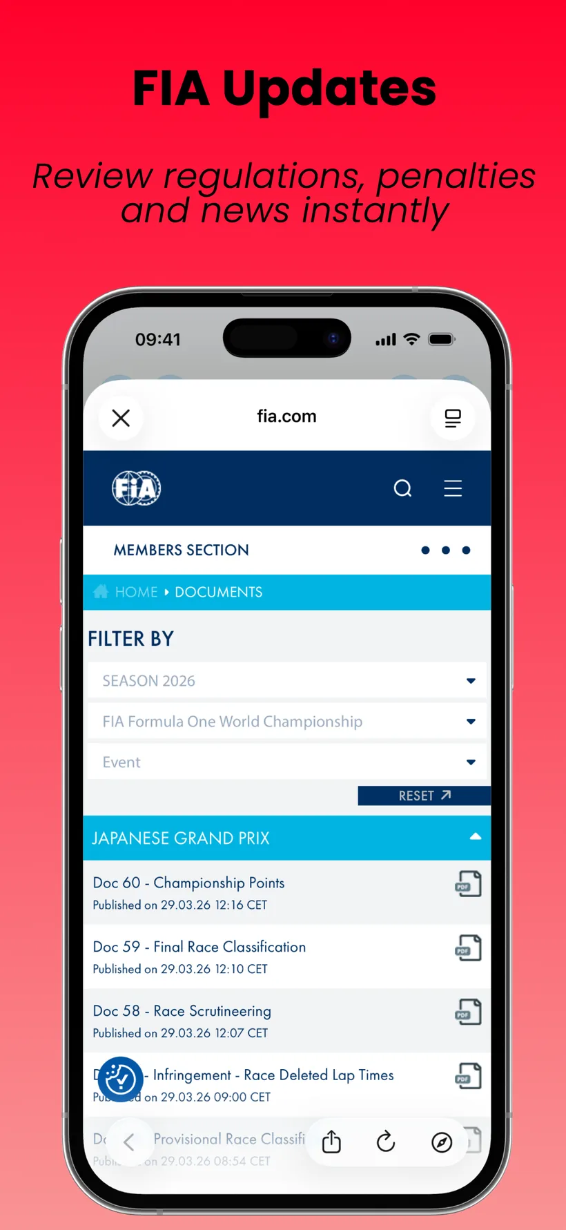 SpeedTrack FIA quick access screenshot