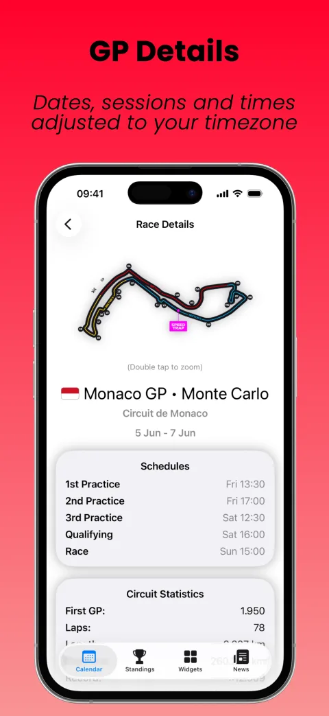 SpeedTrack Grand Prix detail screen with circuit and race weekend information